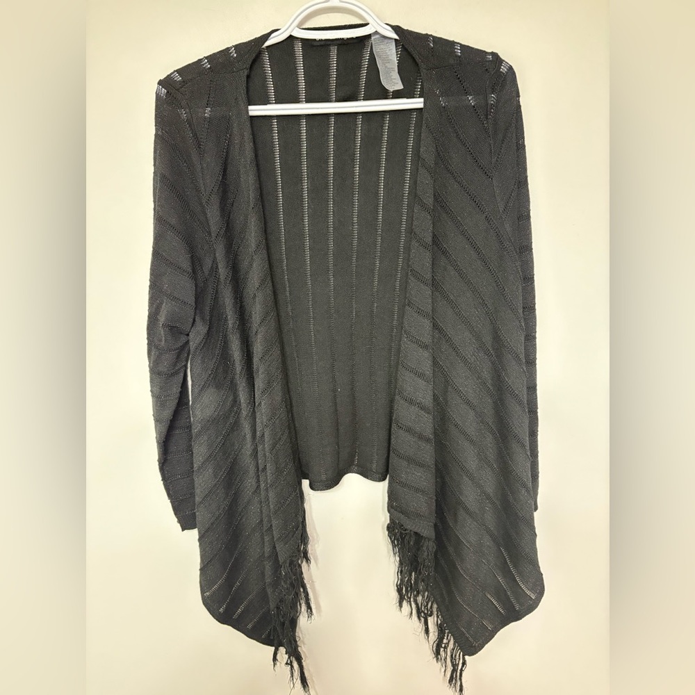 BIANCA NYGARD Elegant Black Fringe Open-Front Sweater